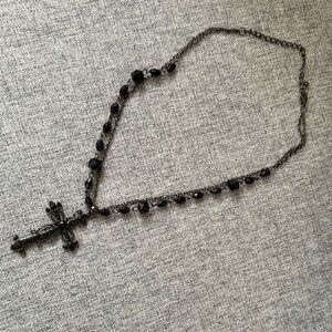 Black Beaded Rosary Necklace with Cross Pendant